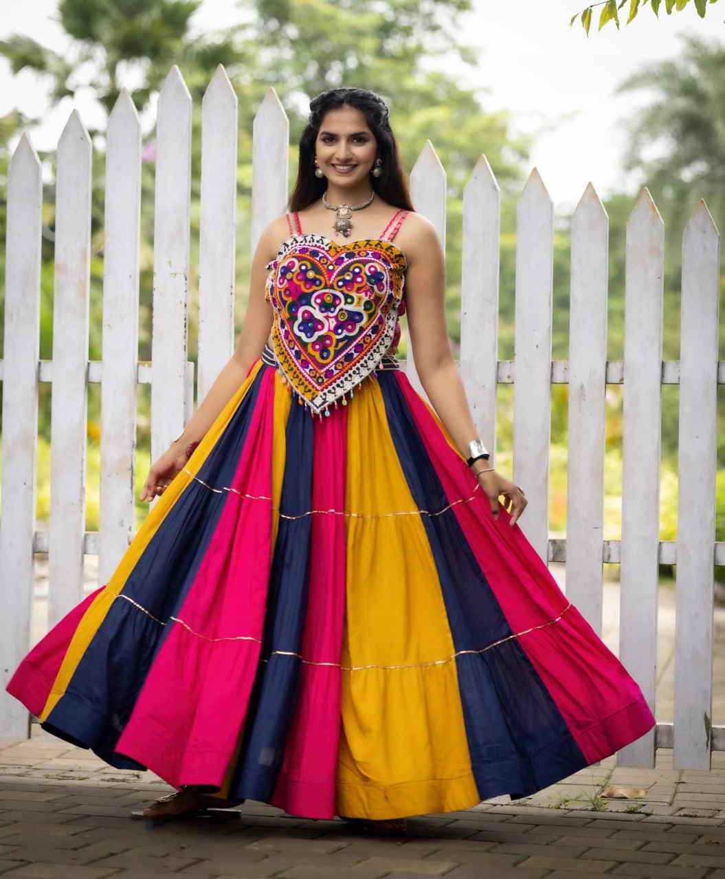 Multicolour Pure Rayon Cotton Kutchhi Work Navratri Lehenga Choli