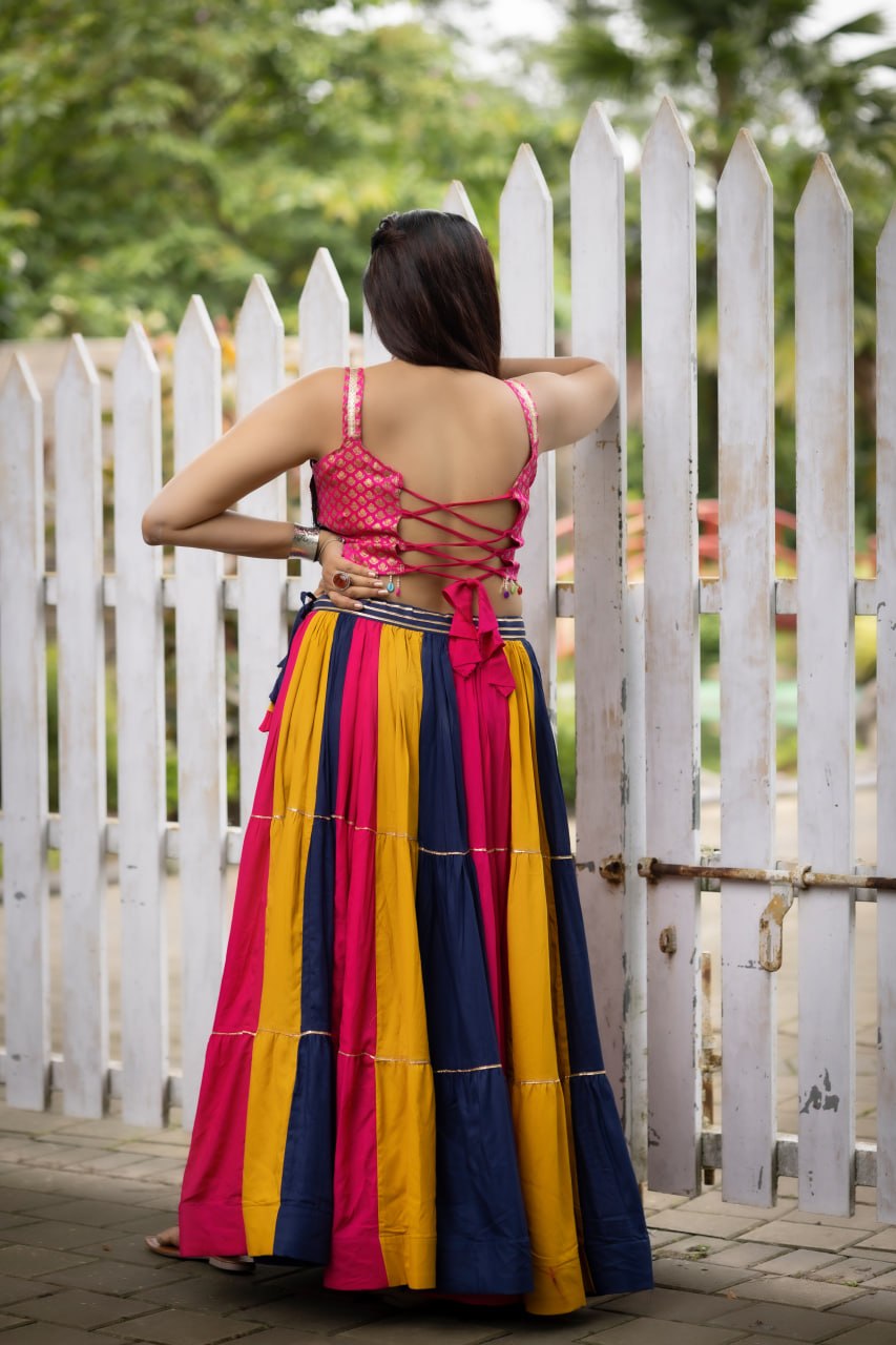 Multicolour Pure Rayon Cotton Kutchhi Work Navratri Lehenga Choli