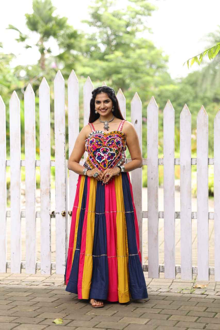 Multicolour Pure Rayon Cotton Kutchhi Work Navratri Lehenga Choli