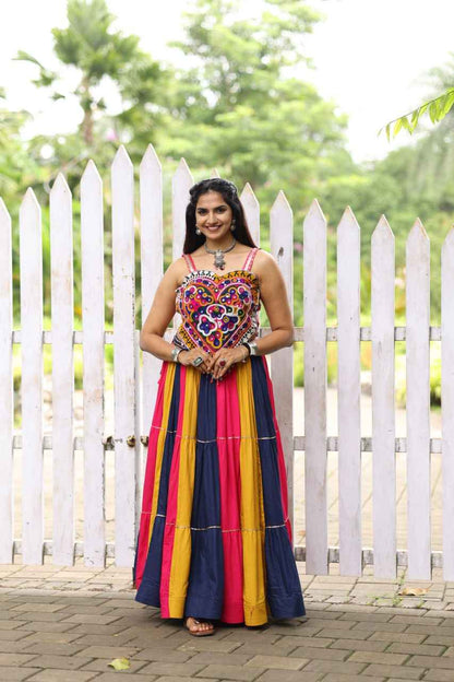 Multicolour Pure Rayon Cotton Kutchhi Work Navratri Lehenga Choli
