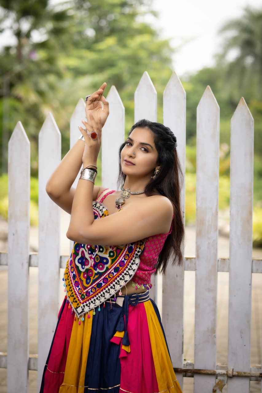 Multicolour Pure Rayon Cotton Kutchhi Work Navratri Lehenga Choli