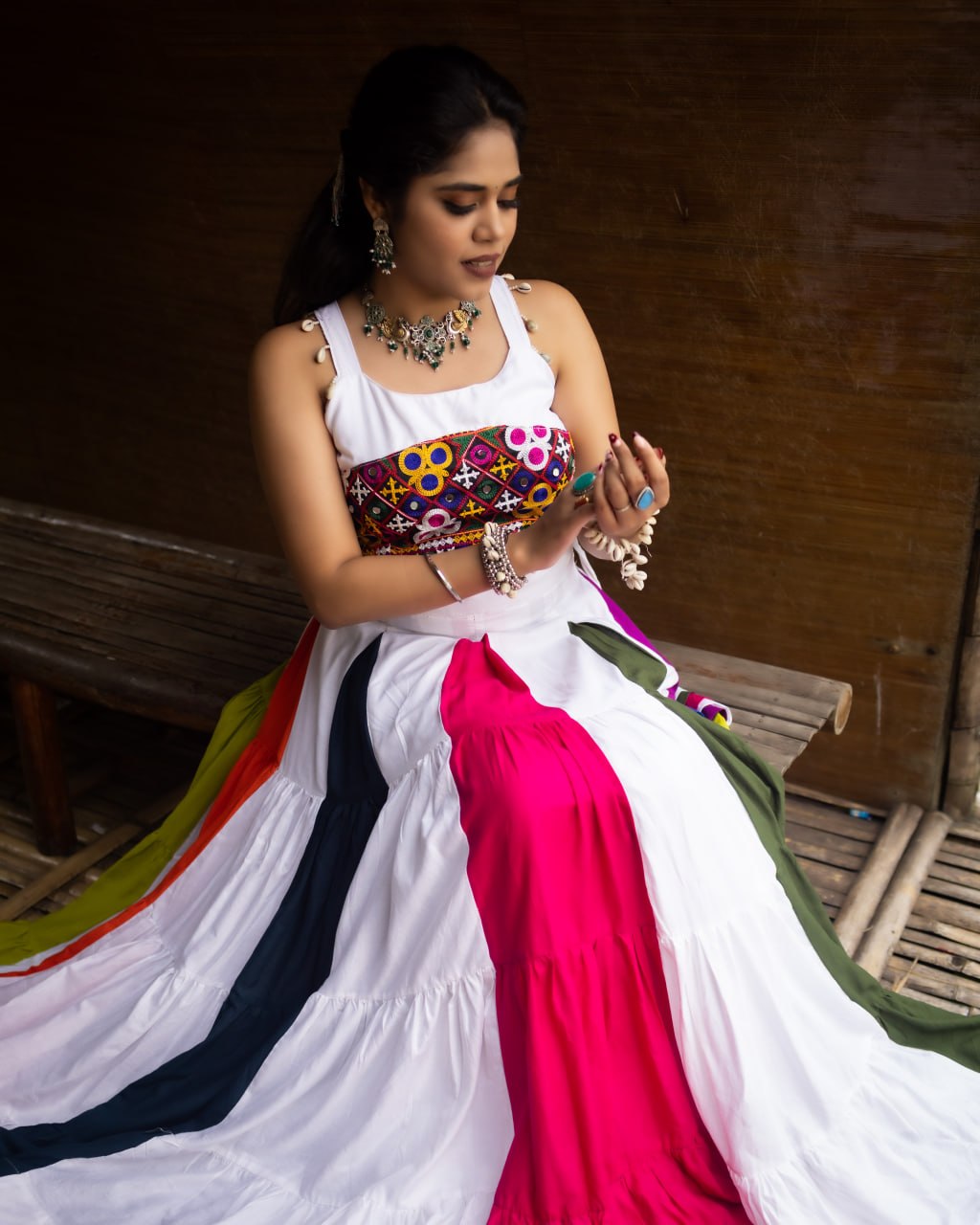 Multicolour Pure Pure Rayon Cotton Multi Coloured Navratri Lehenga Choli