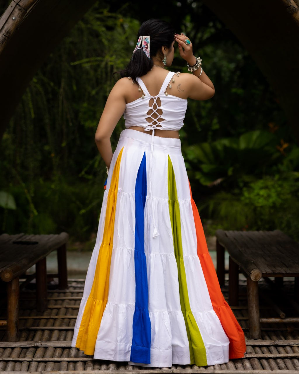 Multicolour Pure Pure Rayon Cotton Multi Coloured Navratri Lehenga Choli