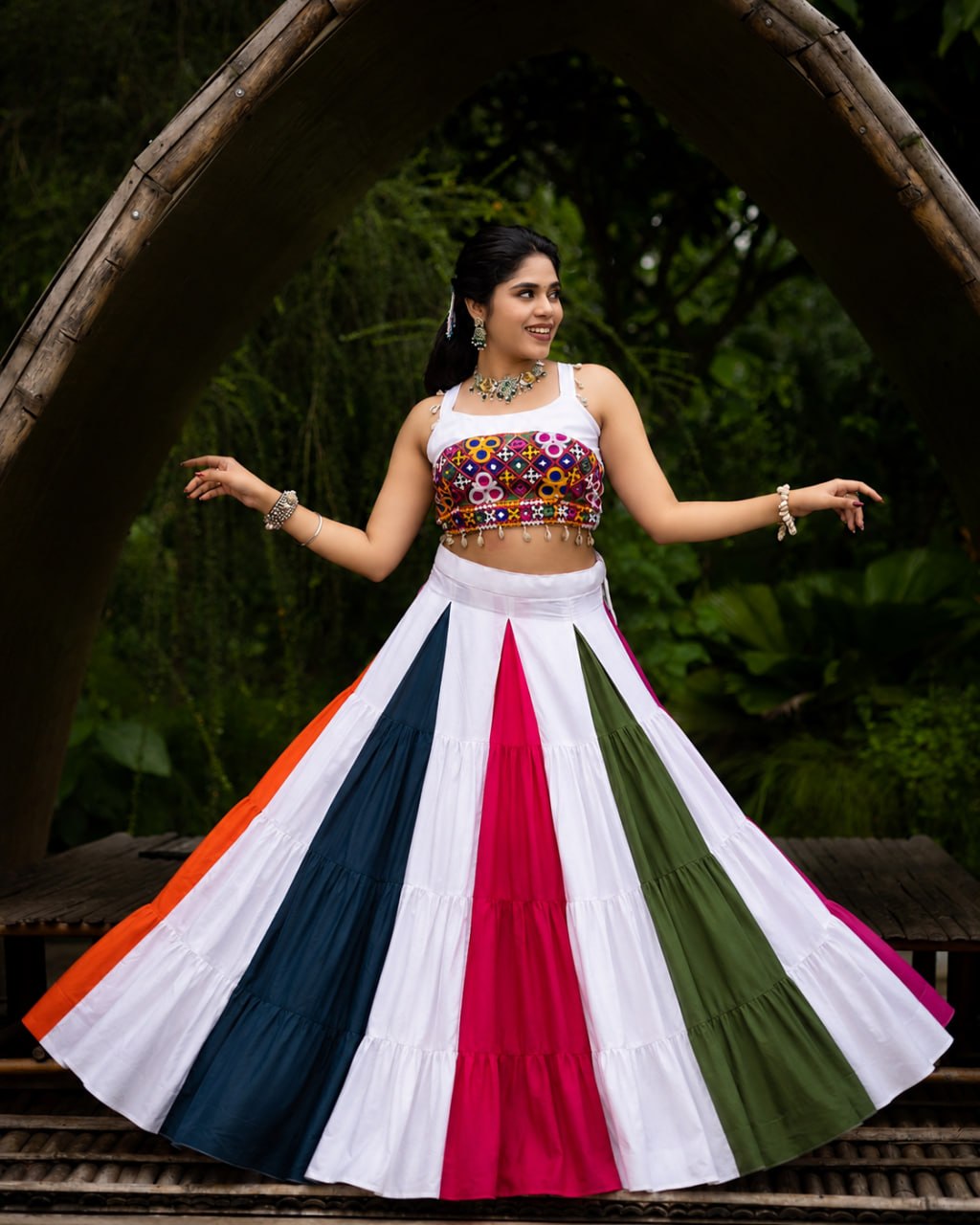 Multicolour Pure Pure Rayon Cotton Multi Coloured Navratri Lehenga Choli