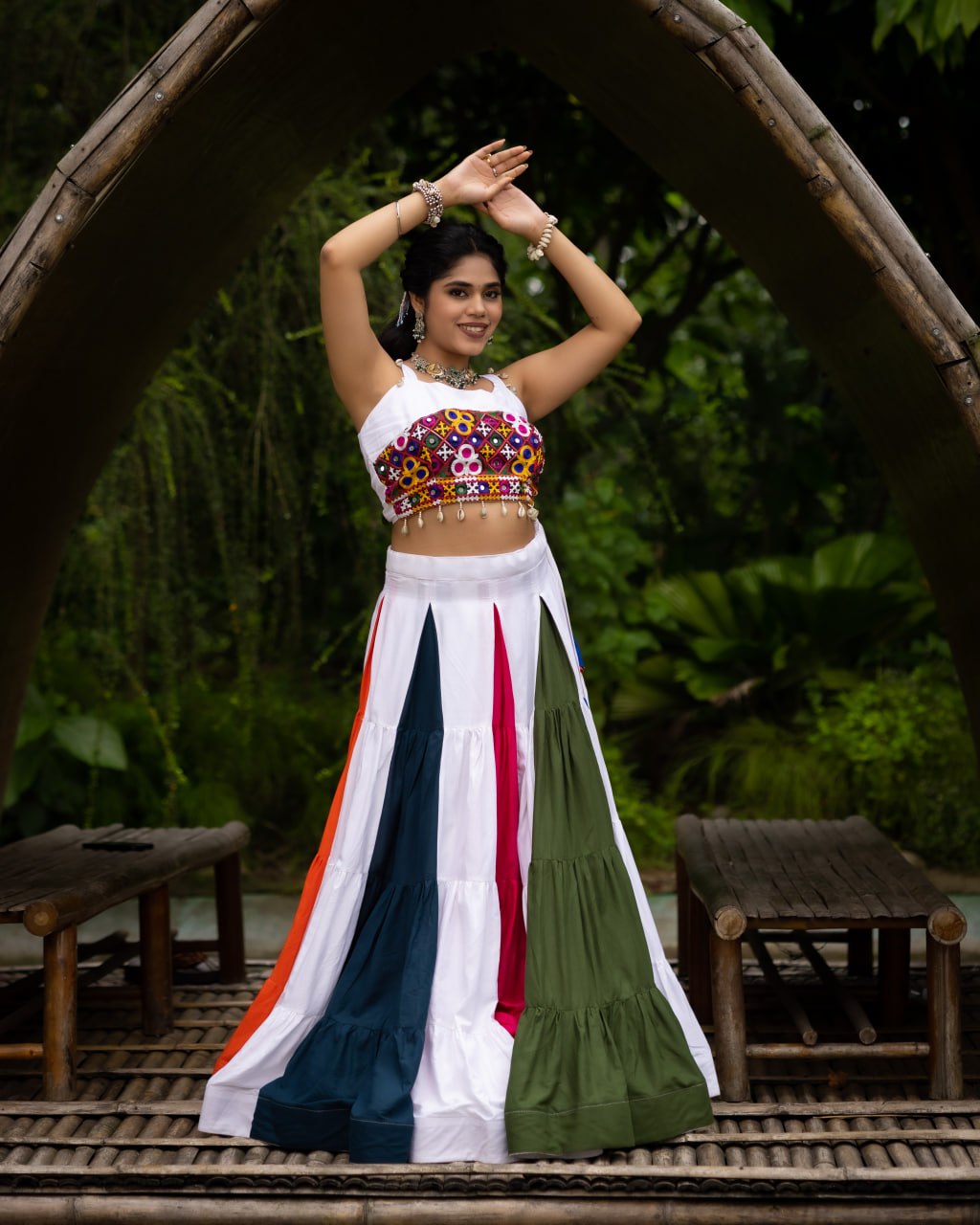 Multicolour Pure Pure Rayon Cotton Multi Coloured Navratri Lehenga Choli