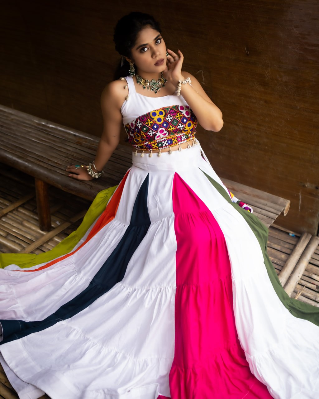 Multicolour Pure Pure Rayon Cotton Multi Coloured Navratri Lehenga Choli