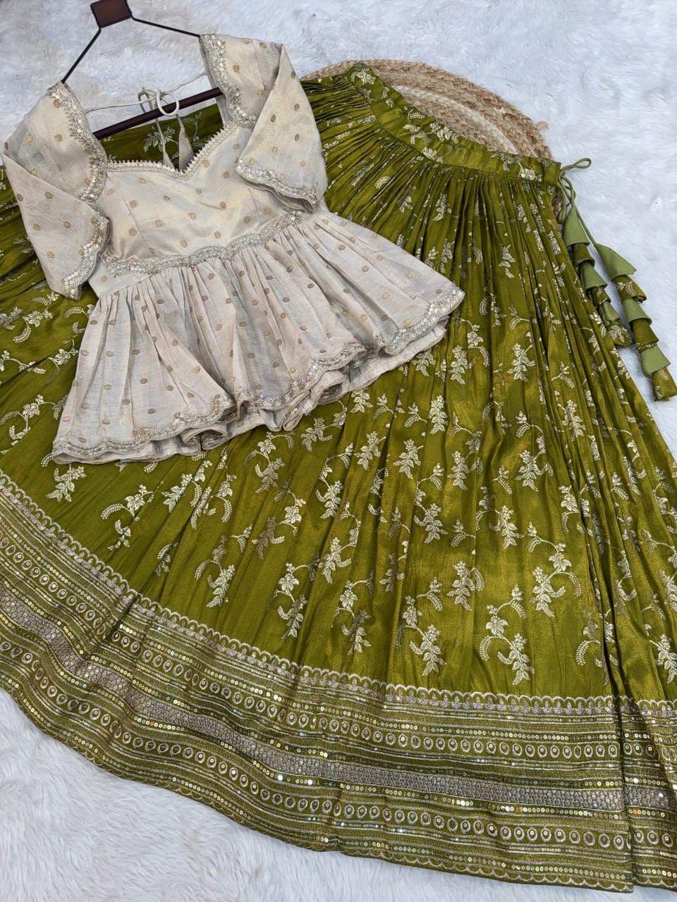 Parrot Pure Dyeable Viscose Jacquard With Embroidered Sequins Work Lehenga Choli