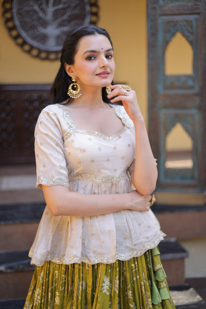 Parrot Pure Dyeable Viscose Jacquard With Embroidered Sequins Work Lehenga Choli