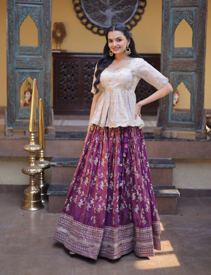 Wine Pure Dyeable Viscose Jacquard With Embroidered Sequins Work Lehenga Choli