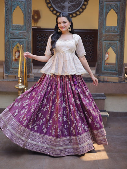 Wine Pure Dyeable Viscose Jacquard With Embroidered Sequins Work Lehenga Choli
