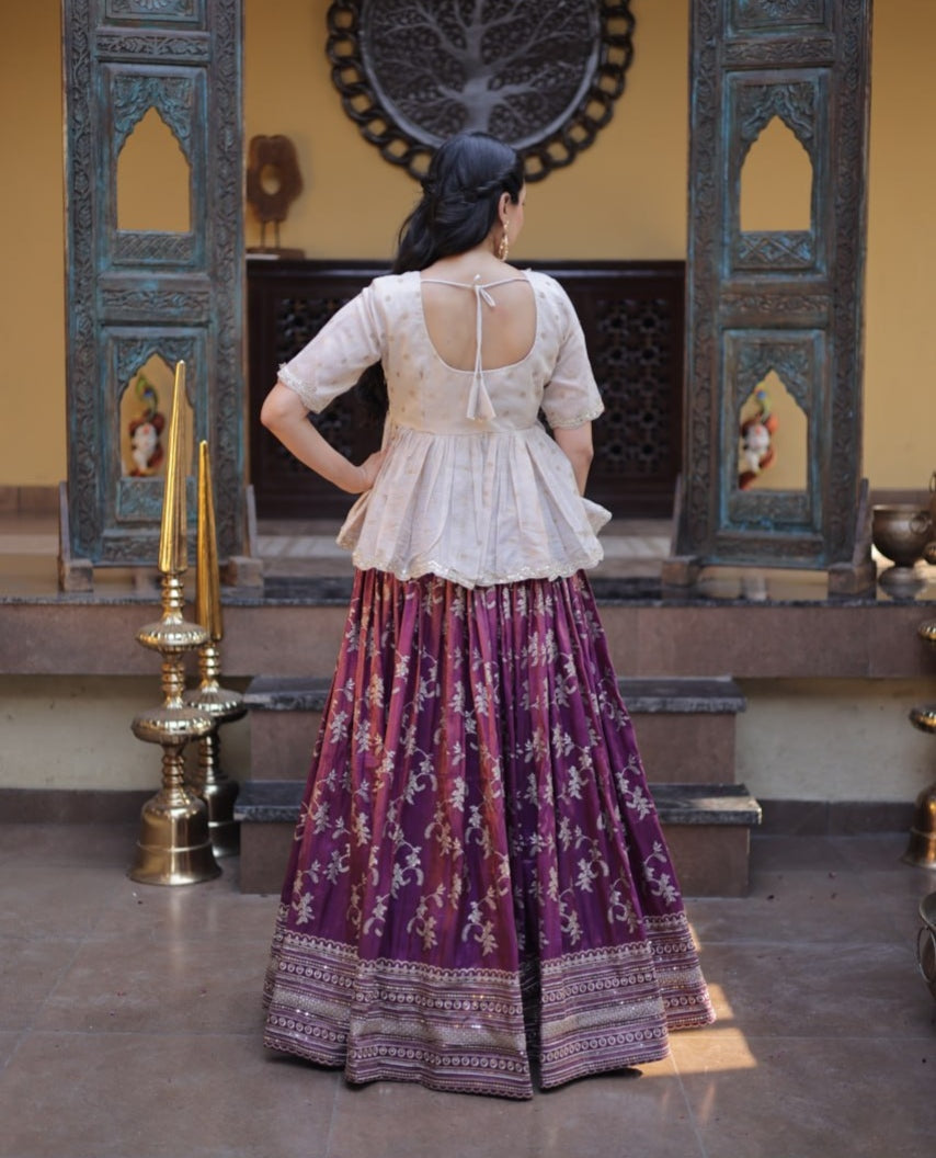 Wine Pure Dyeable Viscose Jacquard With Embroidered Sequins Work Lehenga Choli