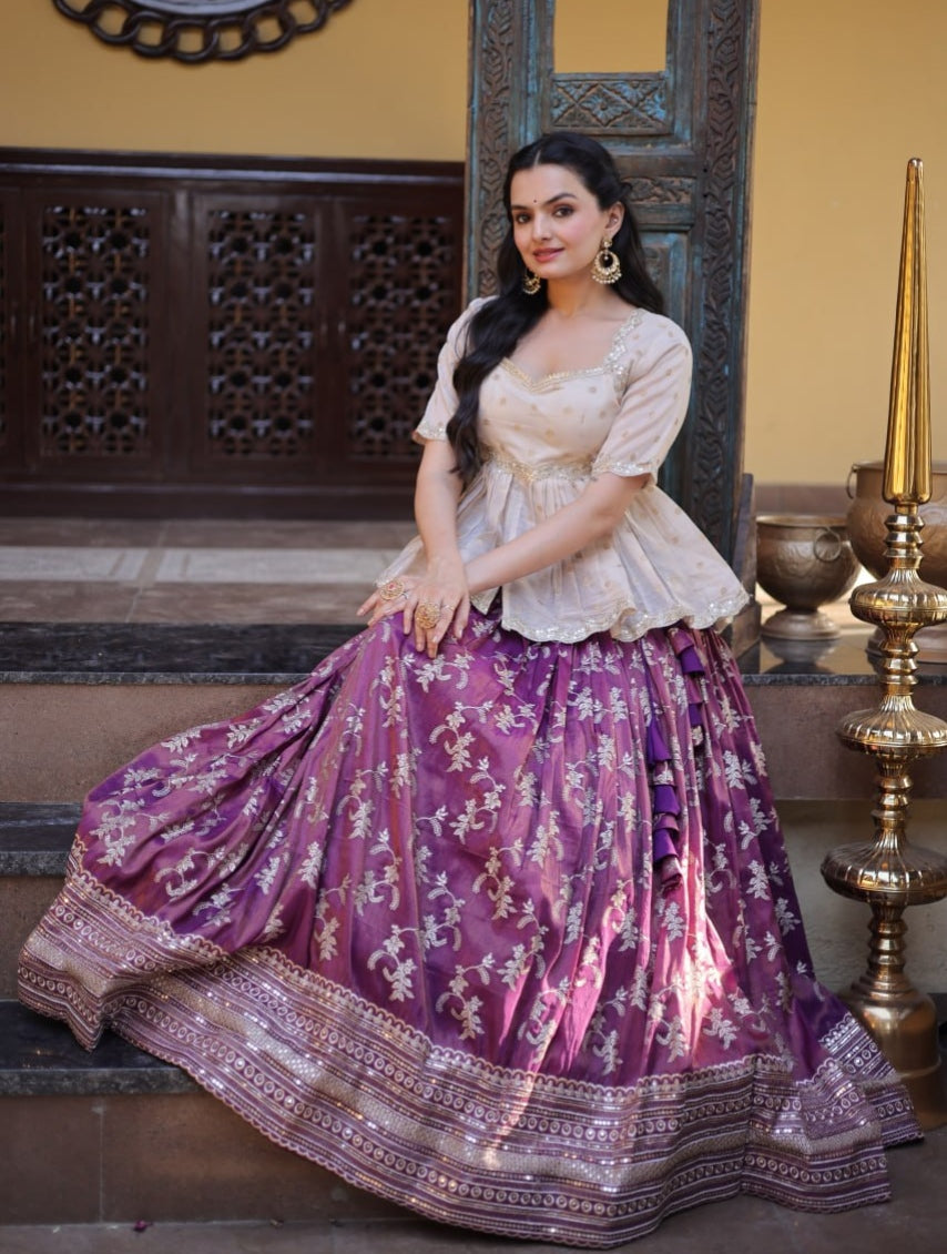 Wine Pure Dyeable Viscose Jacquard With Embroidered Sequins Work Lehenga Choli