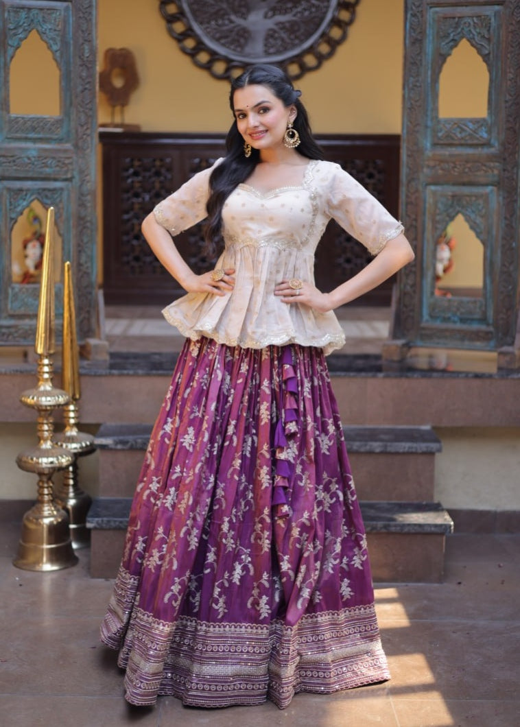 Wine Pure Dyeable Viscose Jacquard With Embroidered Sequins Work Lehenga Choli