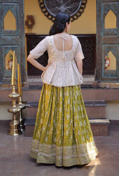 Parrot Pure Dyeable Viscose Jacquard With Embroidered Sequins Work Lehenga Choli