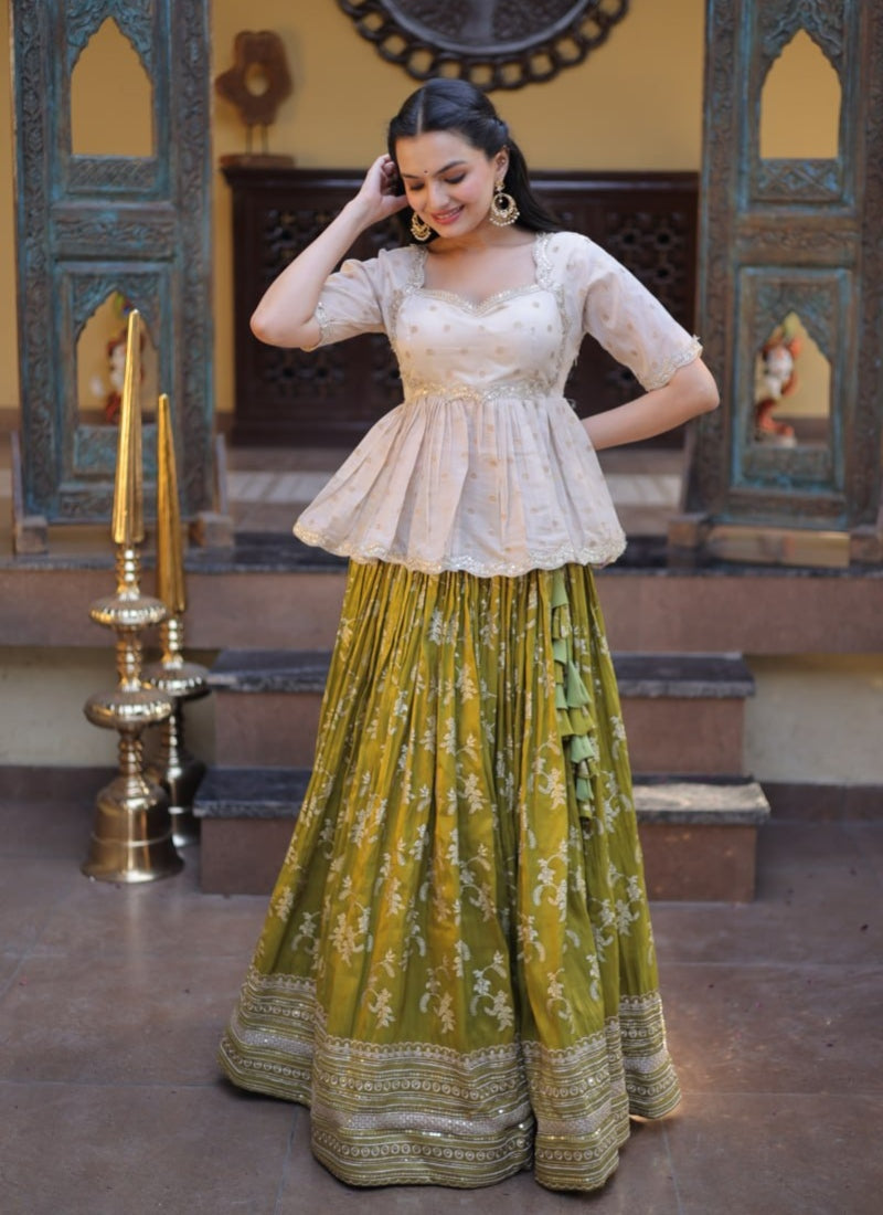 Parrot Pure Dyeable Viscose Jacquard With Embroidered Sequins Work Lehenga Choli