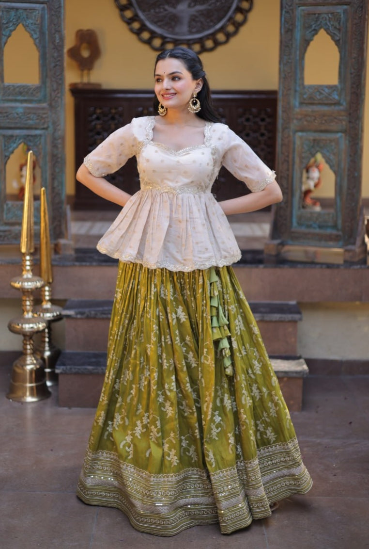 Parrot Pure Dyeable Viscose Jacquard With Embroidered Sequins Work Lehenga Choli