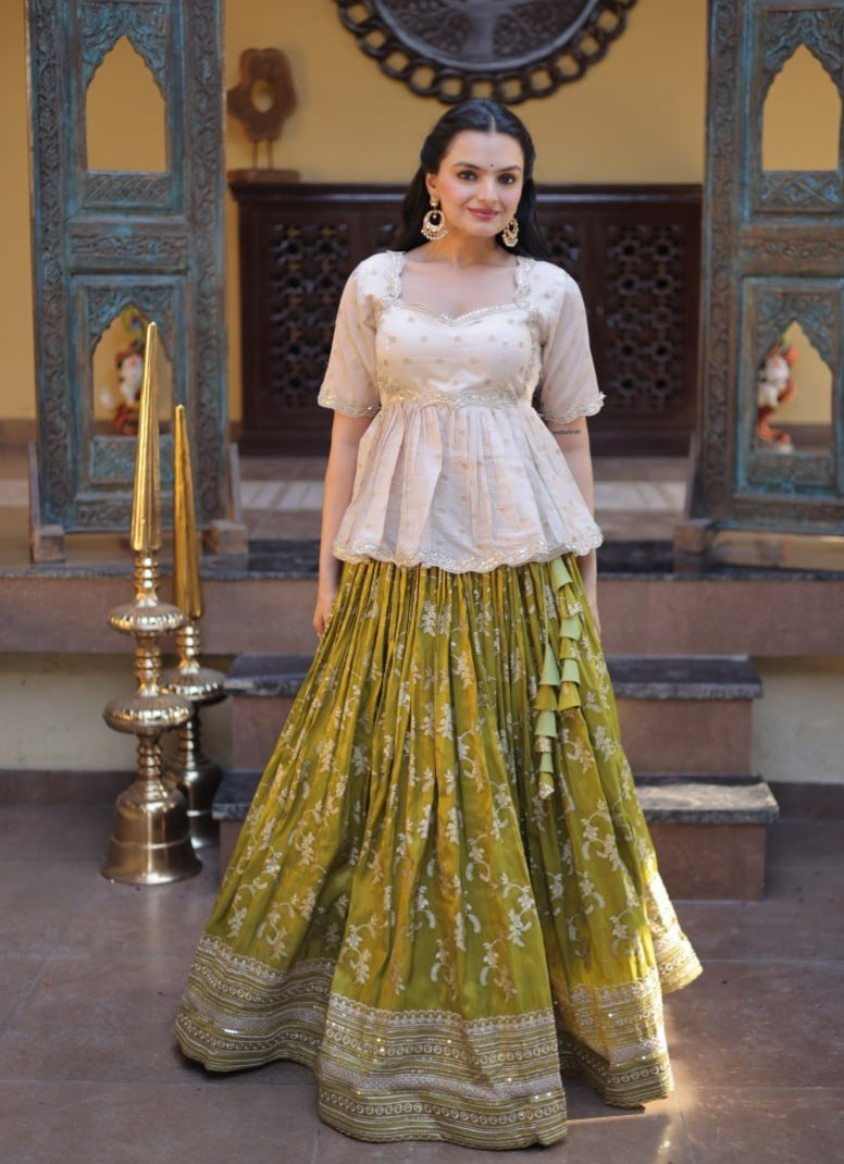 Parrot Pure Dyeable Viscose Jacquard With Embroidered Sequins Work Lehenga Choli