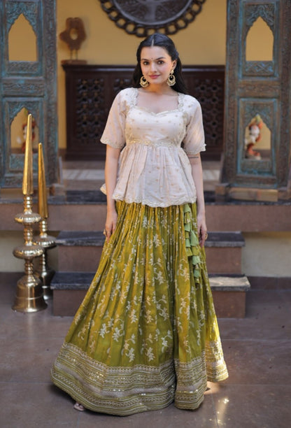 Parrot Pure Dyeable Viscose Jacquard With Embroidered Sequins Work Lehenga Choli