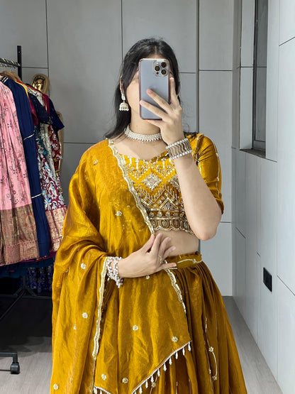 Mustard Pure Fendy Satin Beads Embroidery Work Lehenga Choli