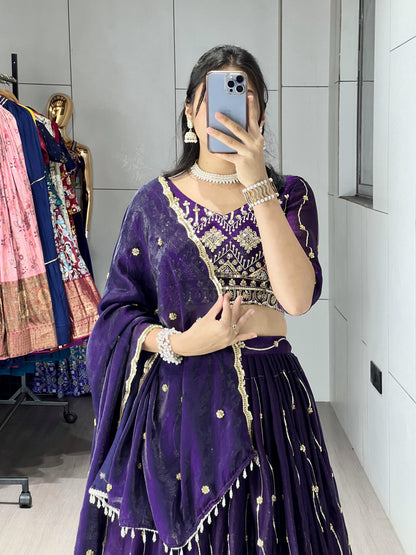 Purple Pure Fendy Satin Beads Embroidery Work Lehenga Choli