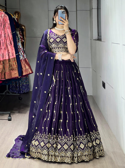 Purple Pure Fendy Satin Beads Embroidery Work Lehenga Choli