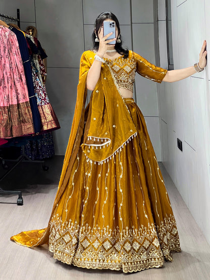 Mustard Pure Fendy Satin Beads Embroidery Work Lehenga Choli