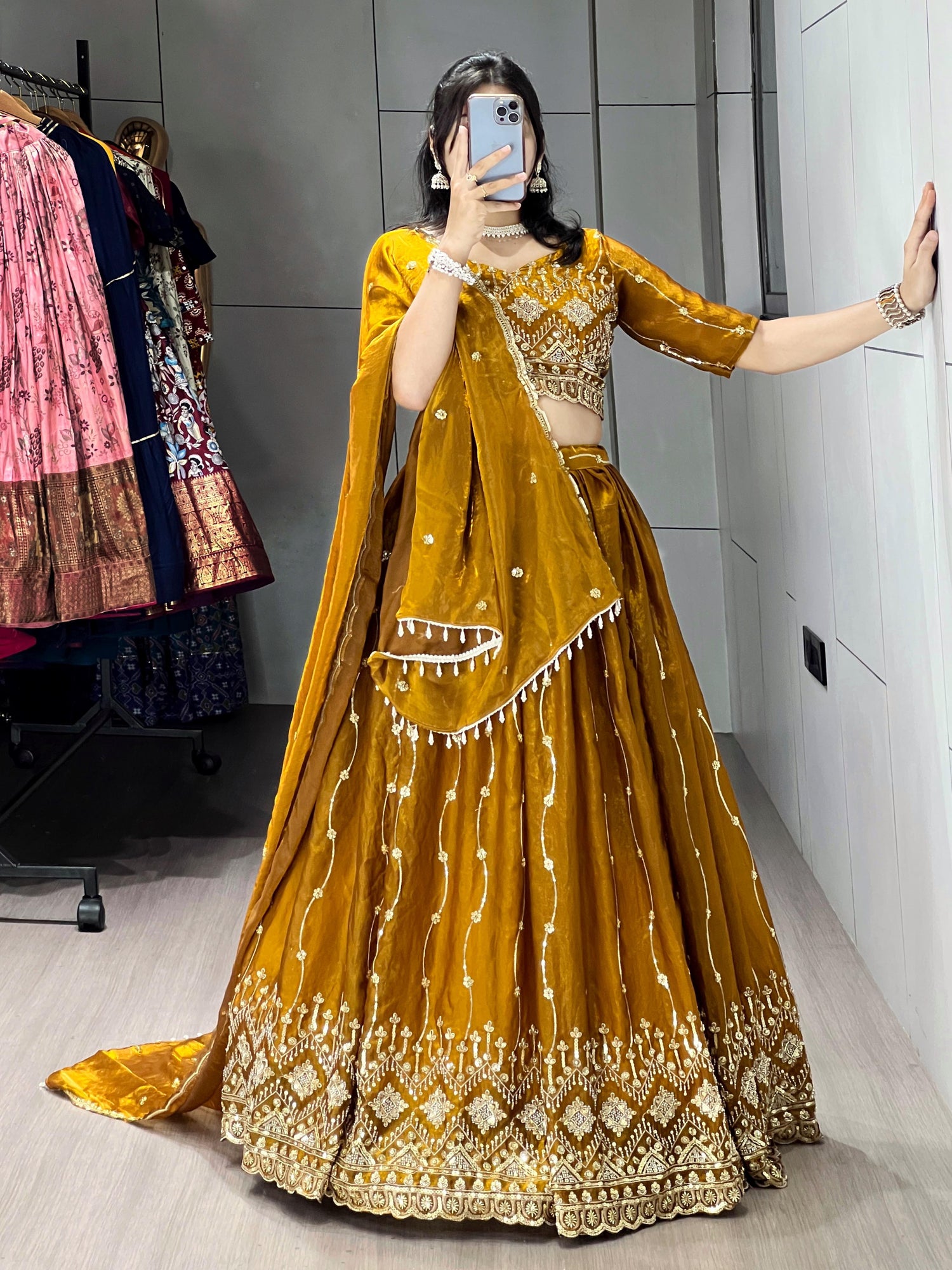 Mustard Pure Multi Embroidery Thread Work Lehenga Choli