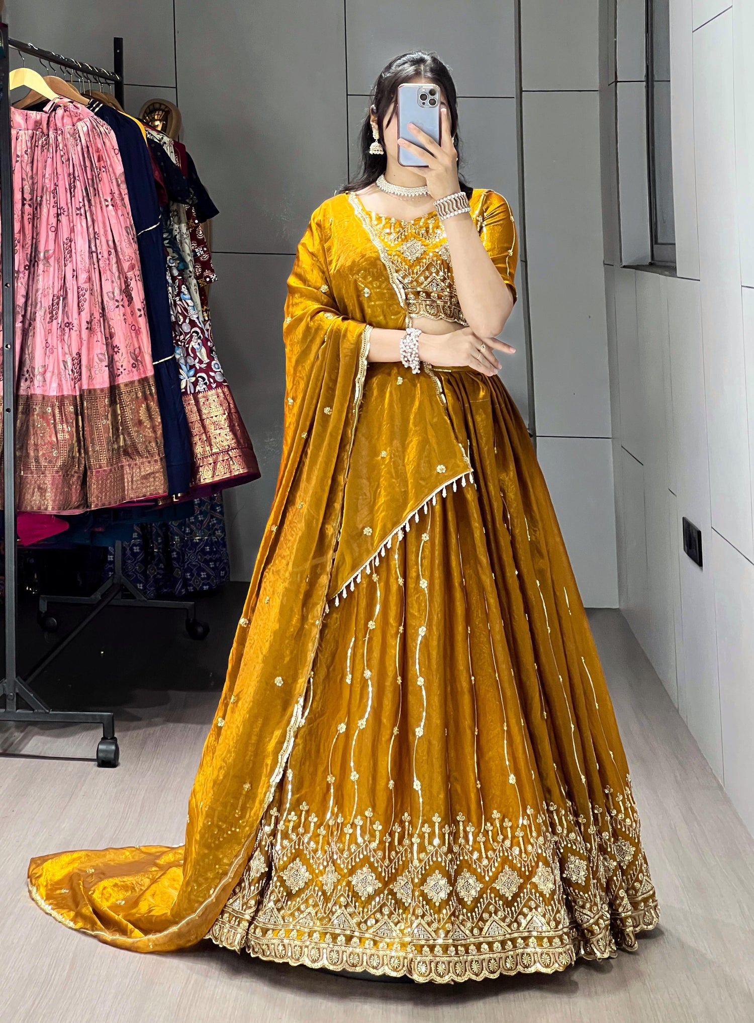 Mustard Pure Multi Embroidery Thread Work Lehenga Choli