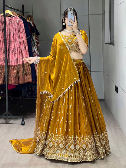 Mustard Pure Fendy Satin Beads Embroidery Work Lehenga Choli