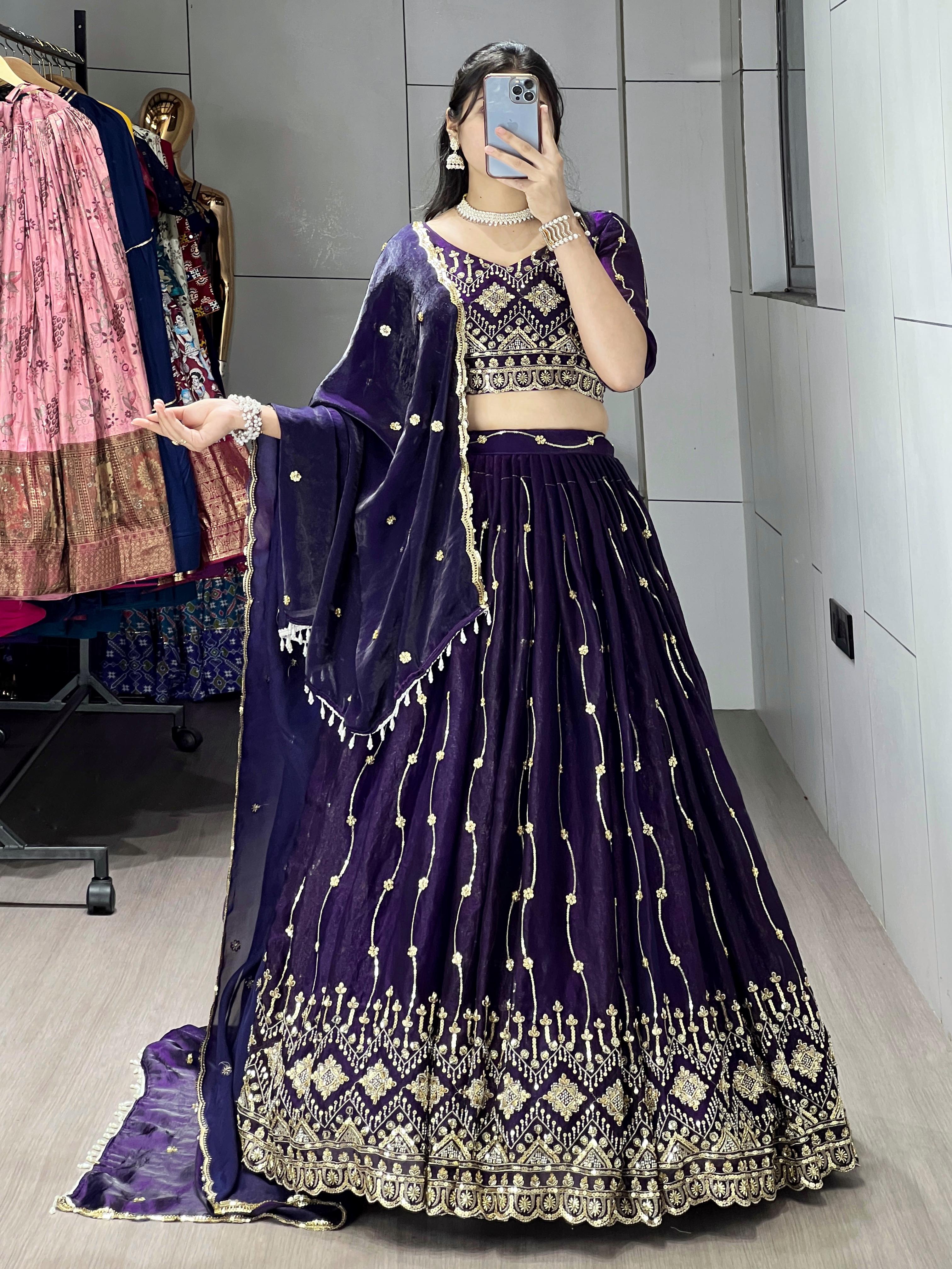 Purple Pure Fendy Satin Beads Embroidery Work Lehenga Choli