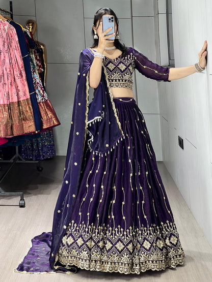 Purple Pure Fendy Satin Beads Embroidery Work Lehenga Choli