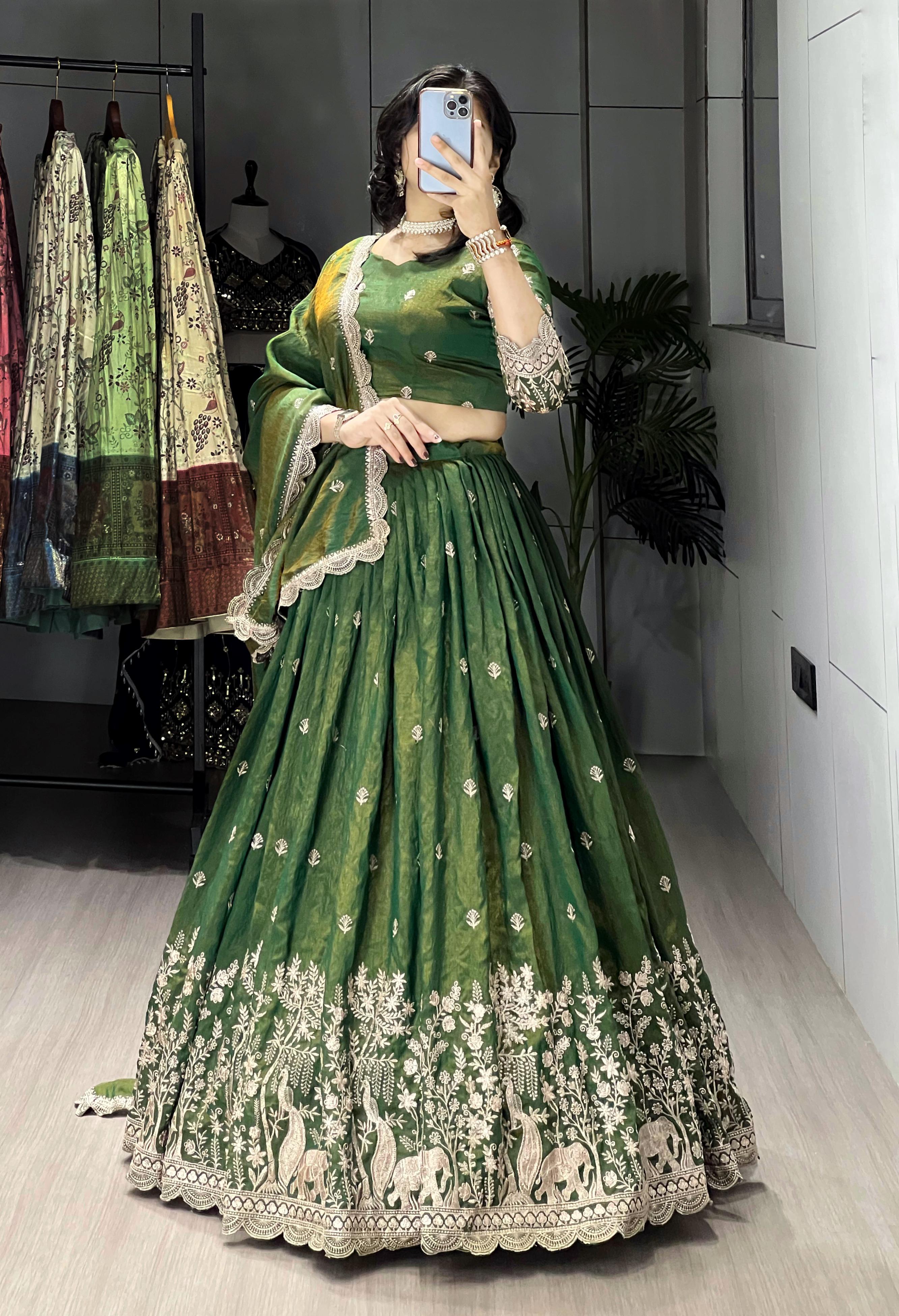 Olive Green Pure Multi Embroidery Thread Work Lehenga Choli