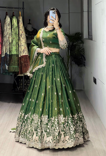 Olive Green Pure Multi Embroidery Thread Work Lehenga Choli