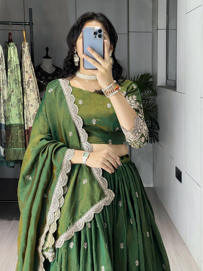 Olive Green Pure Multi Embroidery Thread Work Lehenga Choli