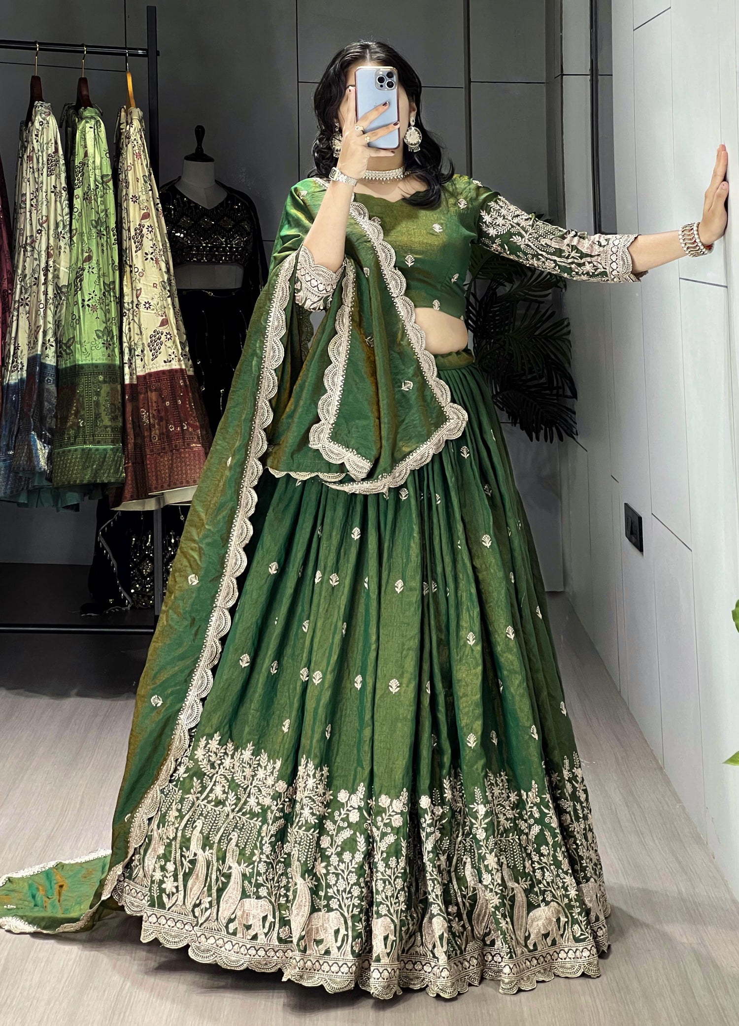 Olive Green Pure Multi Embroidery Thread Work Lehenga Choli