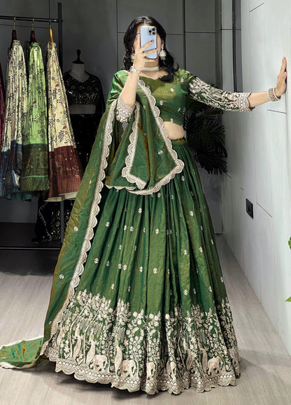 Olive Green Pure Multi Embroidery Thread Work Lehenga Choli