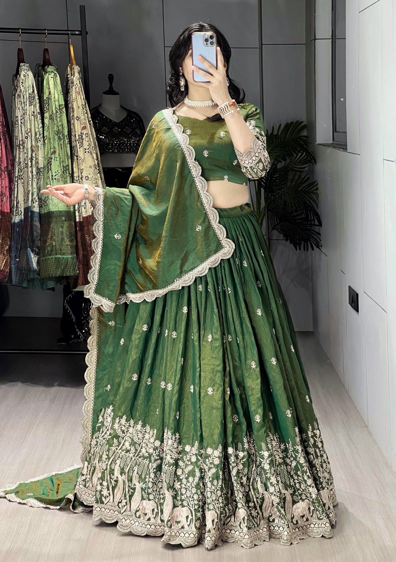 Olive Green Pure Multi Embroidery Thread Work Lehenga Choli