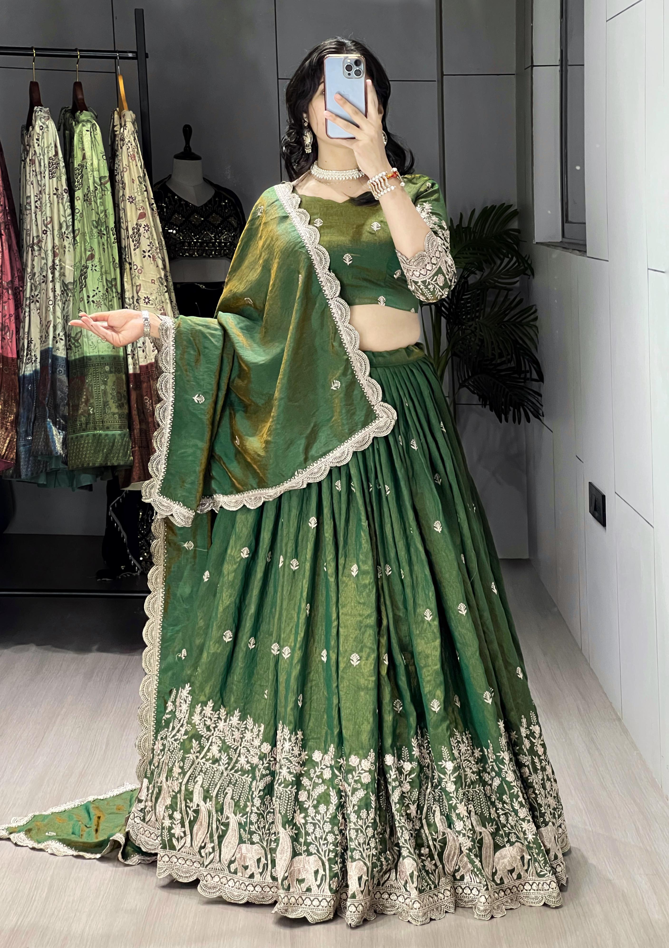 Olive Green Pure Multi Embroidery Thread Work Lehenga Choli