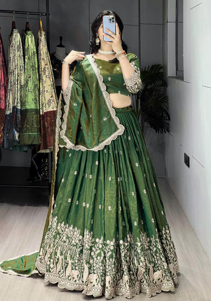 Olive Green Pure Multi Embroidery Thread Work Lehenga Choli
