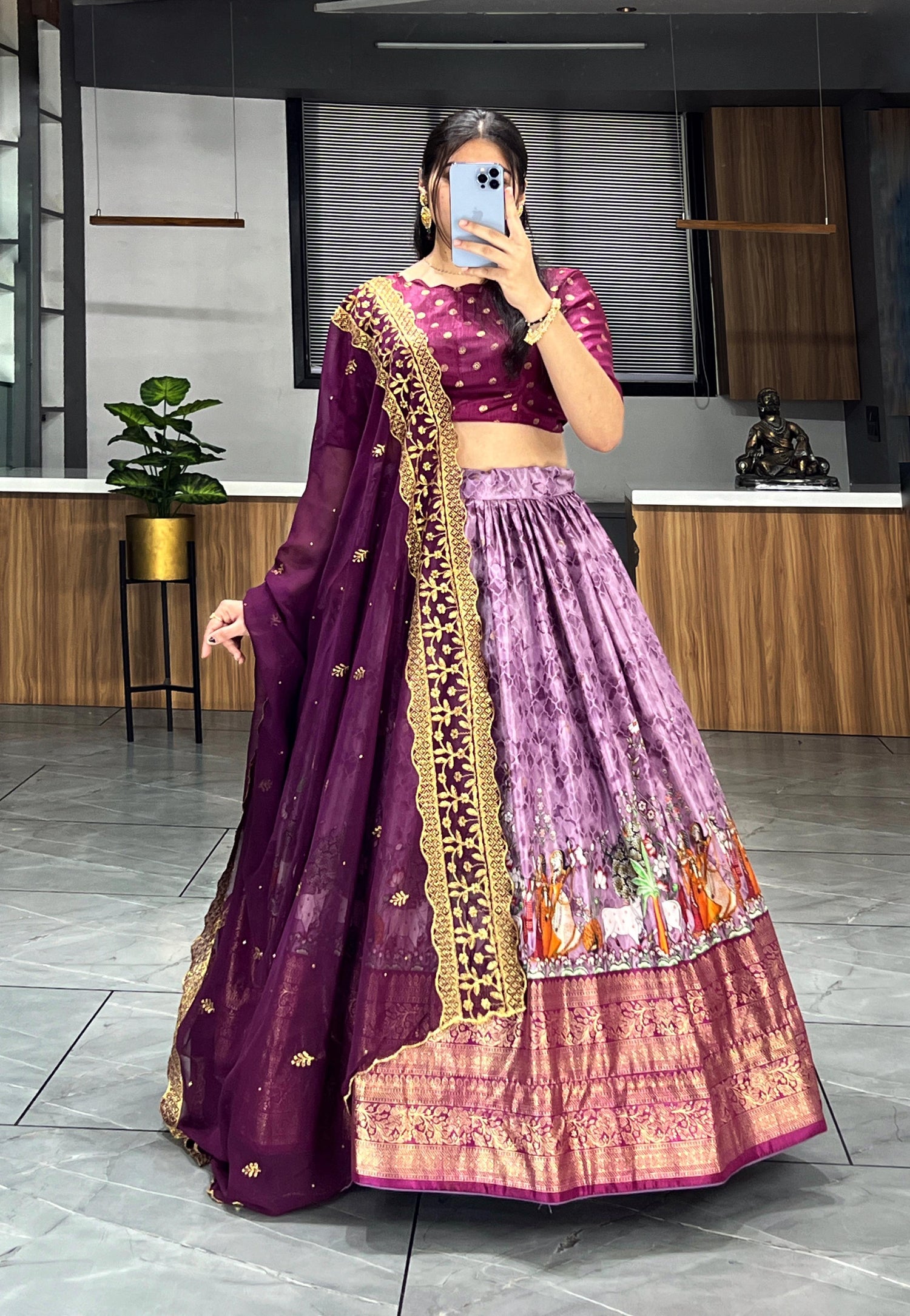 Wine Pure Soft Dola Silk Patola Kalamkari Lehenga Choli