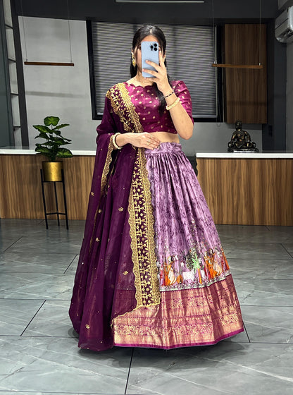 Wine Pure Soft Dola Silk Patola Kalamkari Lehenga Choli