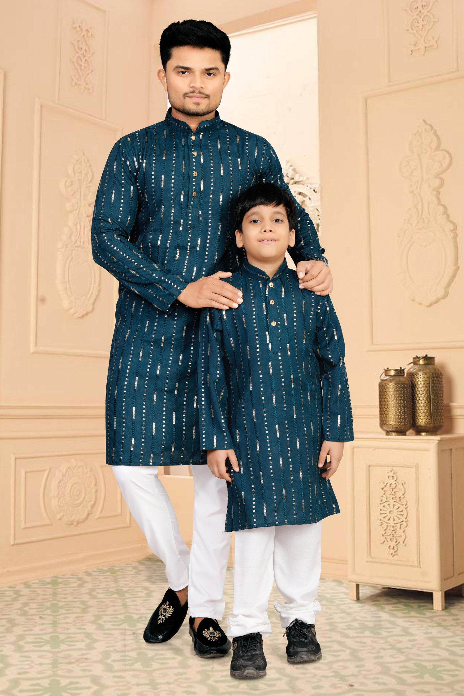Teal Pure Soft Cotton Kurta Pajama With Father &amp; Son Matching Combo Set