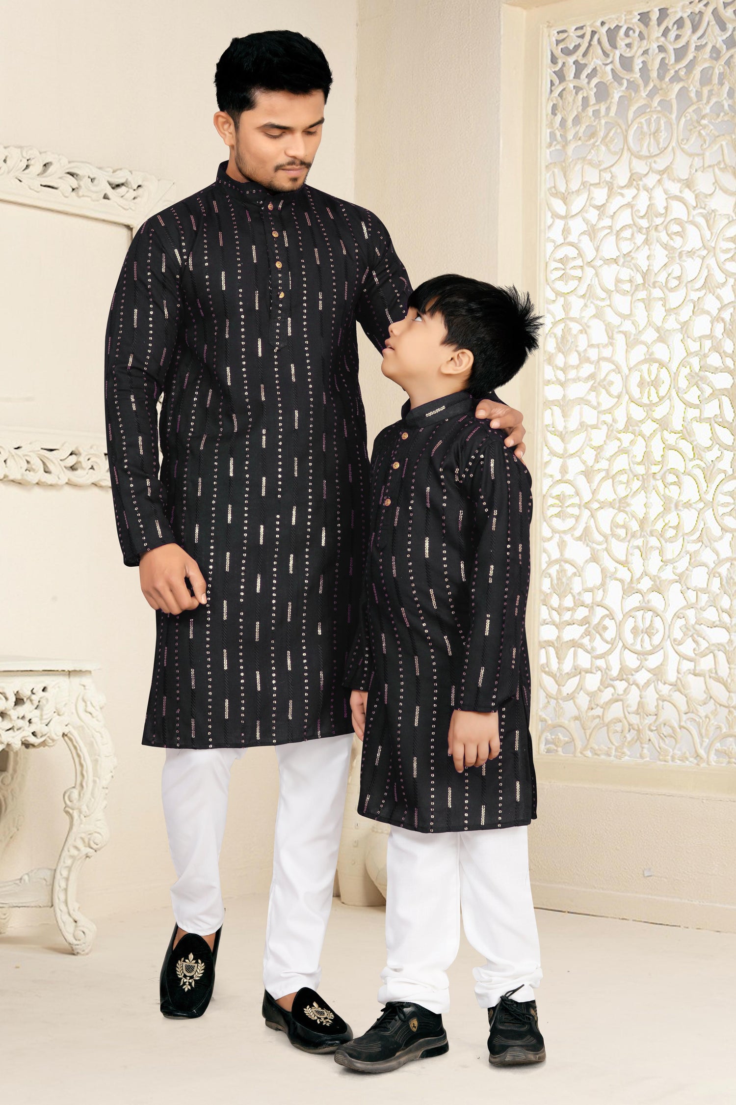 Black Pure Soft Cotton Kurta Pajama With Father &amp; Son Matching Combo Set