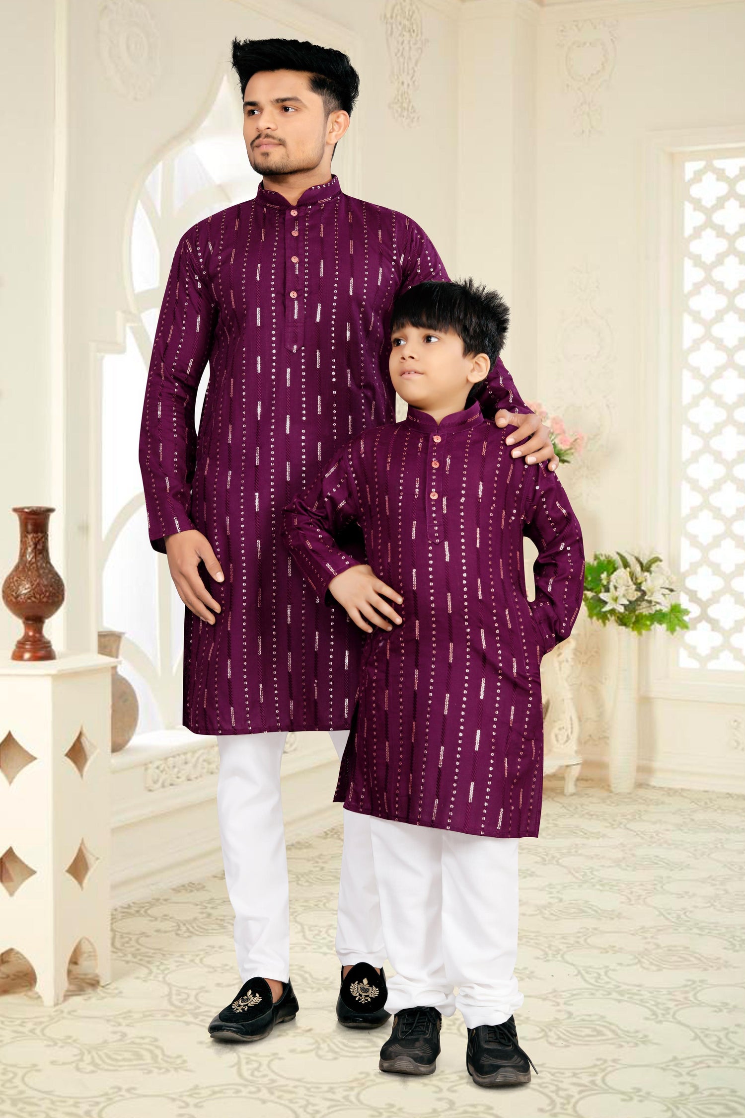 Maroon Pure Soft Cotton Kurta Pajama With Father &amp; Son Matching Combo Set