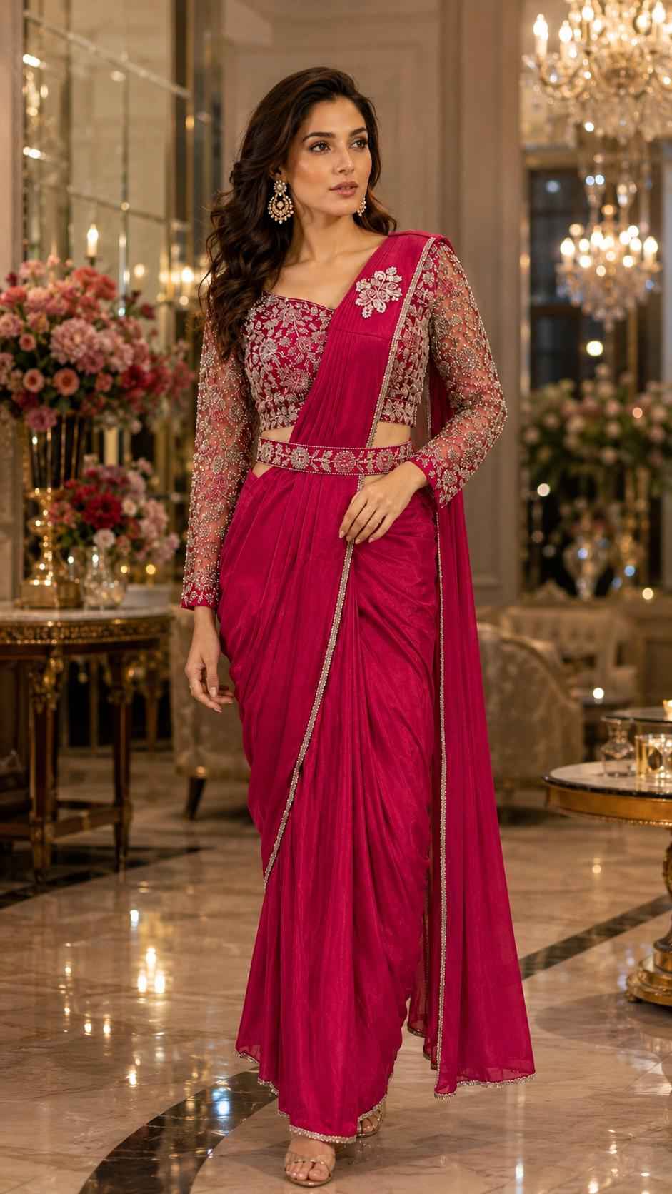 Red Pure Imported Fendi Silk Ready to Wear Saree