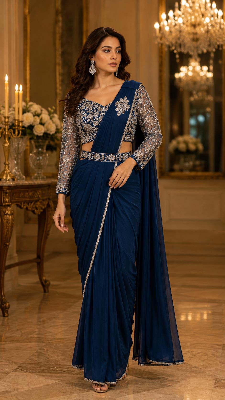 Navy Blue Pure Imported Lycra Silk Ready to Wear Saree