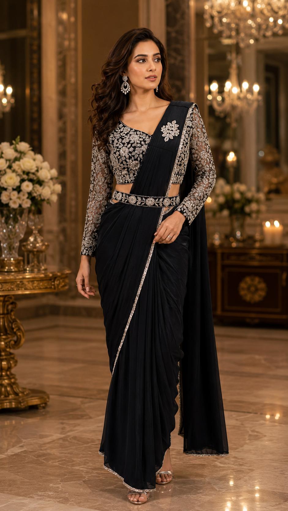 Black Pure Imported Lycra Silk Ready to Wear Saree