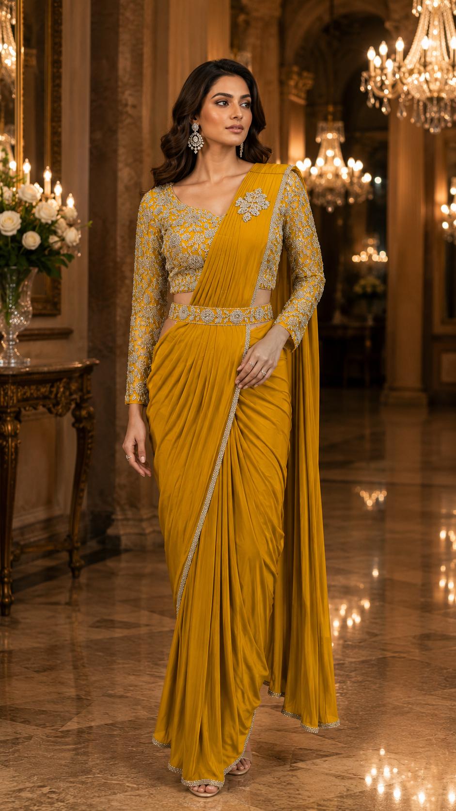 Yellow Pure Imported Lycra Silk Ready to Wear Saree