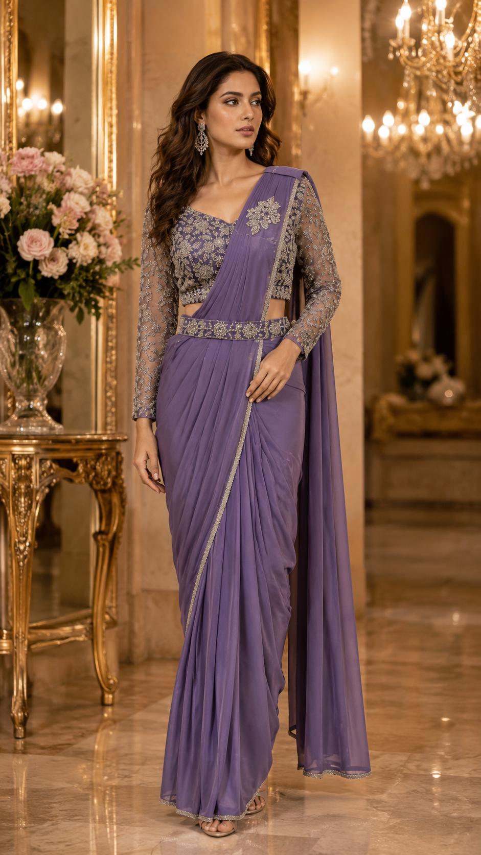 Lavender Pure Imported Lycra Silk Ready to Wear Saree