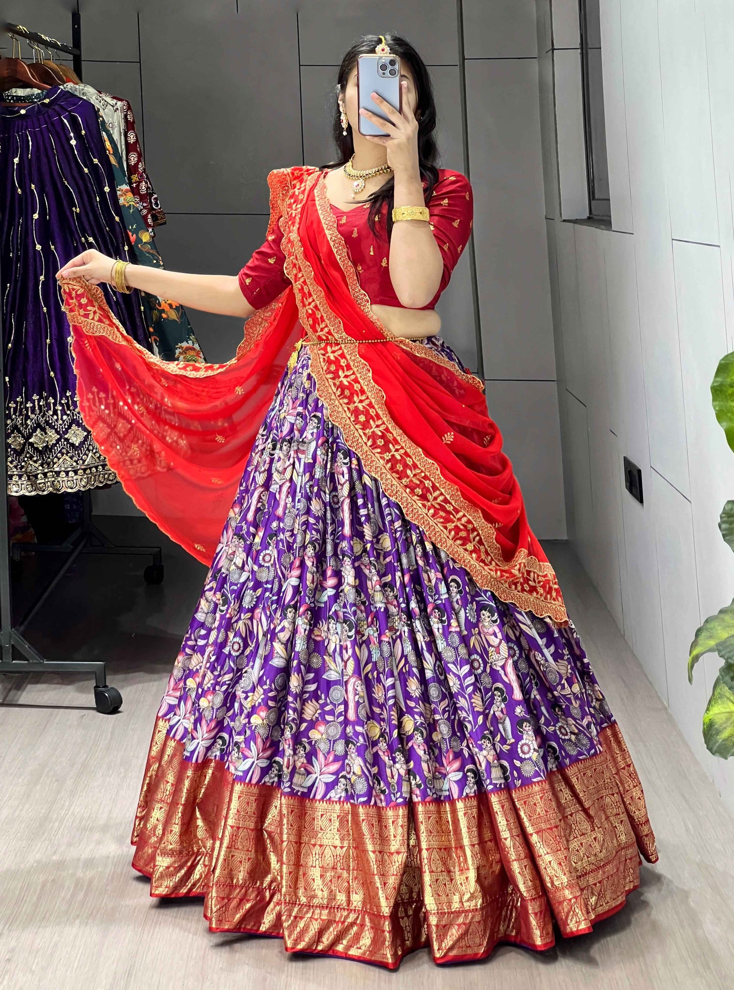 Purple Pure Soft Dola Silk Fully Kalamkari Printed Foil Work Lehenga Choli